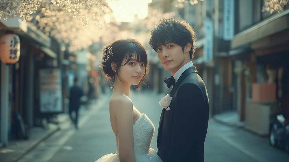 ウェディングドレス姿の女性とタキシード姿の男性